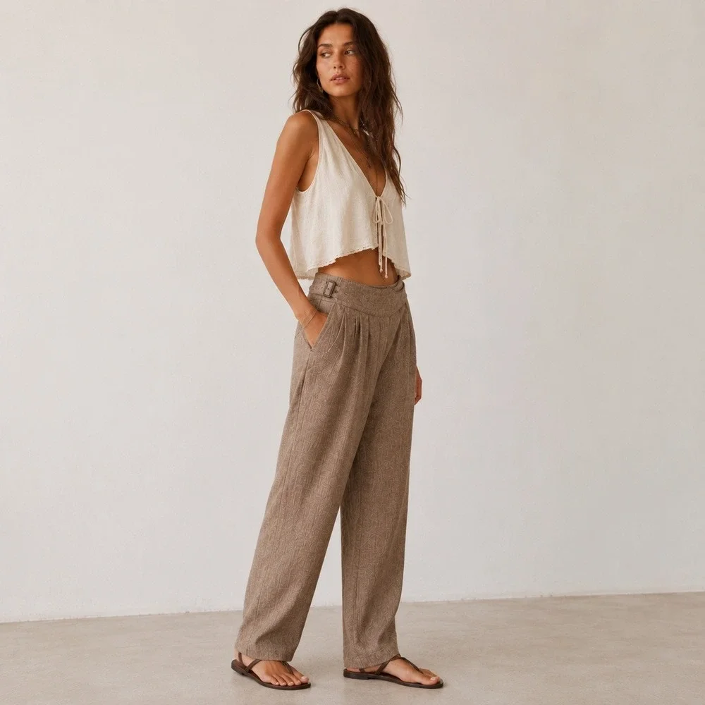 Banana Republic Herringbone Linen Blend Pants Womens 14 Brown Pleated Quiet Lux